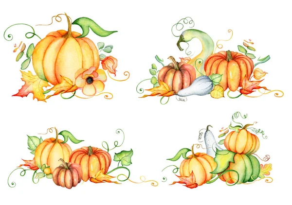 Abóbora aquarela e folhas de outono. Composição da colheita. Feliz Dia de Acção de Graças. Ilustração desenhada à mão — Fotografia de Stock