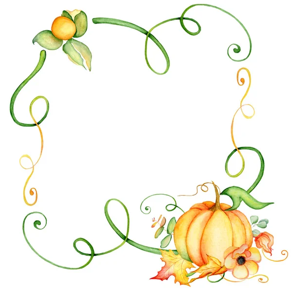 Calabaza acuarela y corona de hojas de otoño. Composición de la cosecha. Feliz Día de Acción de Gracias. ilustración dibujada a mano — Foto de Stock