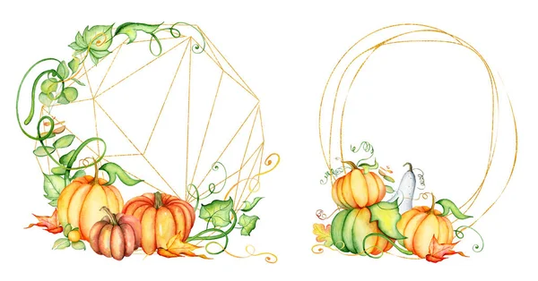 Abóbora aquarela e folhas de outono grinalda. Composição da colheita. Feliz Dia de Acção de Graças. Ilustração desenhada à mão — Fotografia de Stock