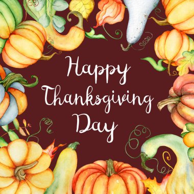 Sulu boya kabak ve sonbahar yaprakları kartı. Hasat kompozisyon. Mutlu Şükran günü. Elle çizilmiş illüstrasyon