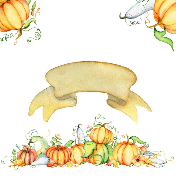 Aquarell-Kürbis und Herbstblätterkarte. Erntezusammensetzung. Glücklicher Erntedanktag. Handgezeichnete Illustration — Stockfoto