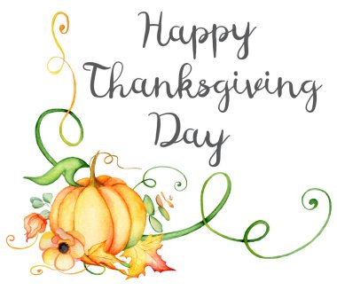 Sulu boya kabak ve sonbahar yaprakları kartı. Hasat kompozisyon. Mutlu Şükran günü. Çizilmiş vektör çizim el