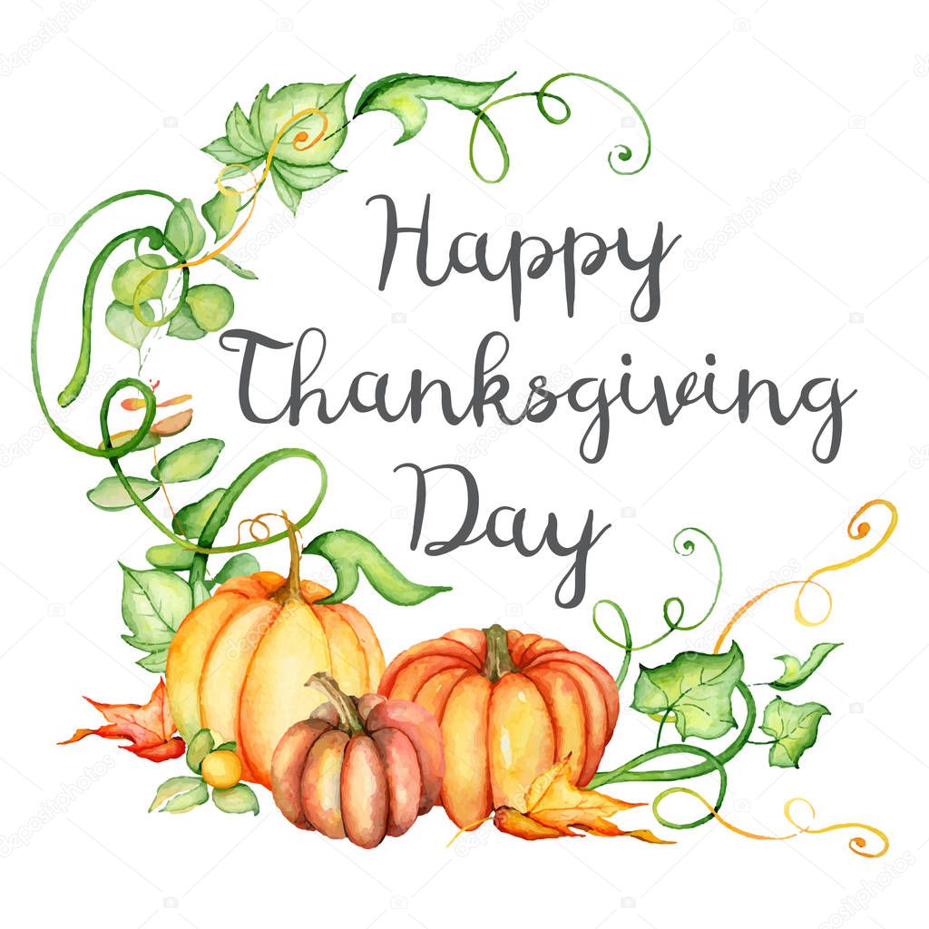 Watercolor pumpkin and autumn leaves card. Harvest composition. Happy Thanksgiving day. Hand drawn vector illustration