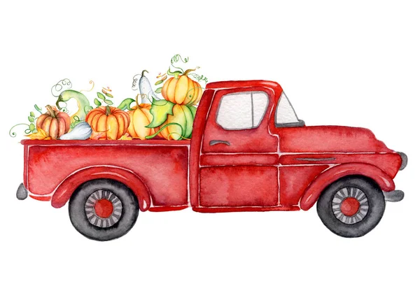 Roter Erntewagen mit Kürbissen als Erntedank-Aquarell — Stockfoto