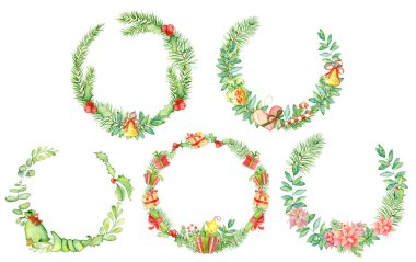 Neşeli Noel suluboya çelenk çiçek kış elemanları ile. Mutlu yeni yıl kartı, posterler. Çiçekler, çam dalları ve ökseotu şube