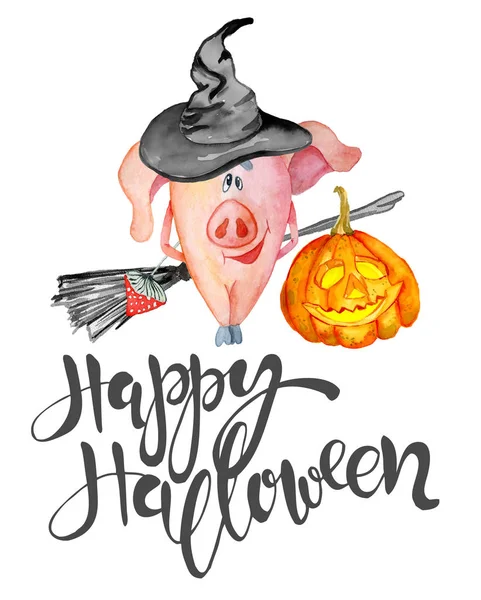 Happy Halloween belettering offerte met aquarel varken en pompoen voor 2019 Nieuwjaars vakantie — Stockfoto