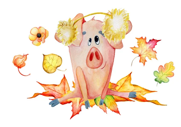 Симпатичные свиньи с тыквами собирают урожай День благодарения 2019 шаблон ручной работы акварель — стоковое фото