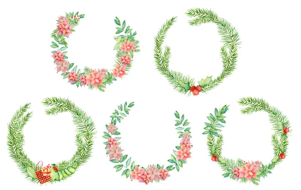 Joyeux Noël couronnes aquarelle avec des éléments floraux d'hiver. Bonne année carte, affiches. Fleurs, branches d'épinette et branches de gui — Photo