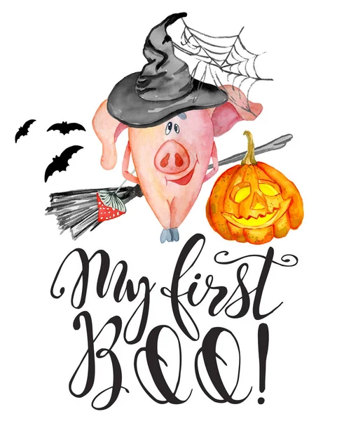 Halloween bokstäver citat med akvarell gris och pumpa för 2019 nyår semester — Stockfoto