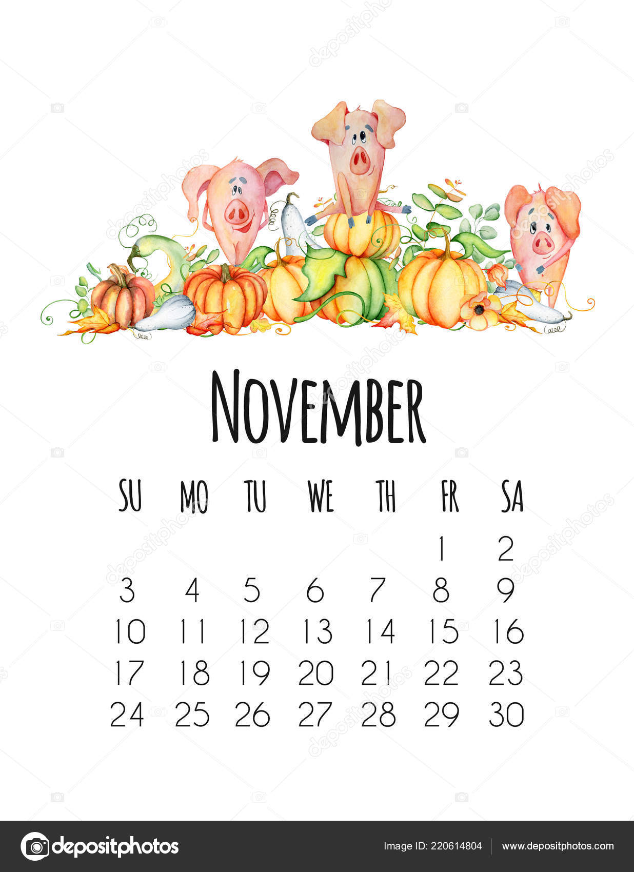mounthly calendar for 2019 new year with watercolor cute pigs november 2019 calendar clipart