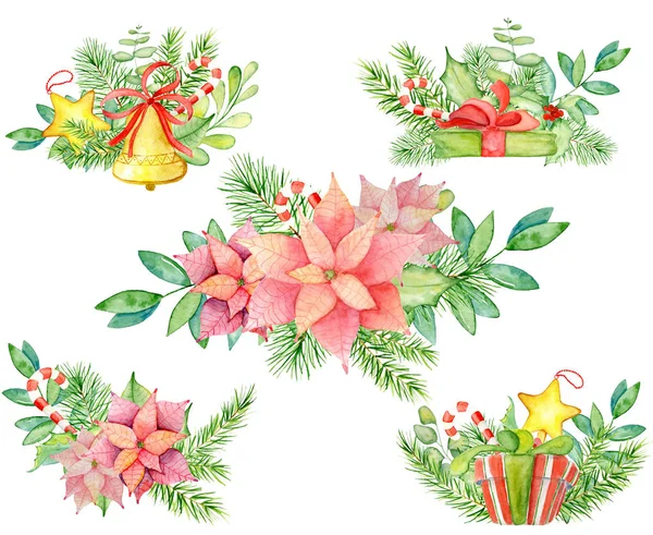 Merry Christmas aquarel kransen met bloemen winter elementen. Nieuwjaarskaart, posters. — Stockfoto