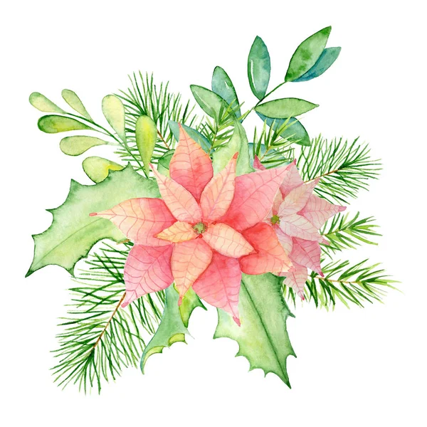 Merry Christmas watercolor wreaths with floral winter elements. Happy New Year card, posters. — Stock Photo, Image