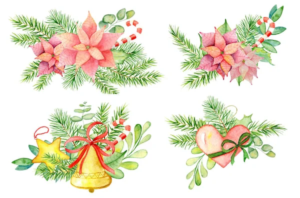 Merry Christmas watercolor wreaths with floral winter elements. Happy New Year card, posters. — Stock Photo, Image