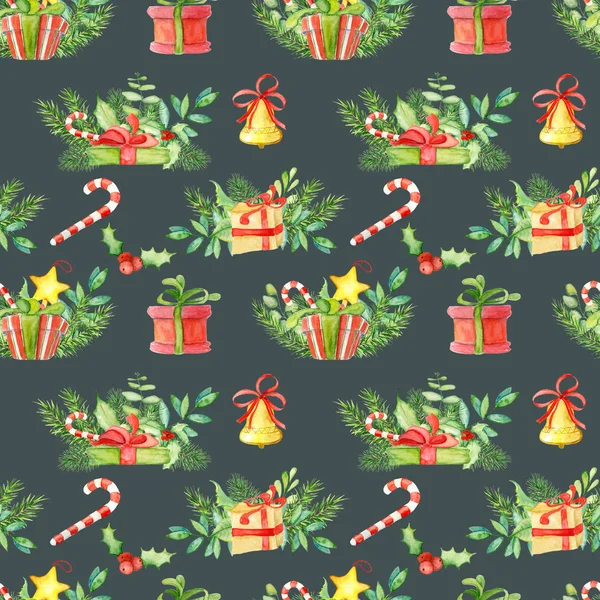 Kerstmis en Nieuwjaar aquarel naadloze patroon — Stockfoto