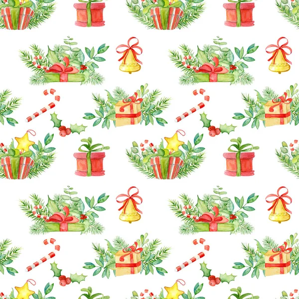Kerstmis en Nieuwjaar aquarel naadloze patroon — Stockfoto