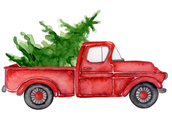 Çam ağaçları yeni yıl suluboya illüstrasyon kırmızı Noel kamyon