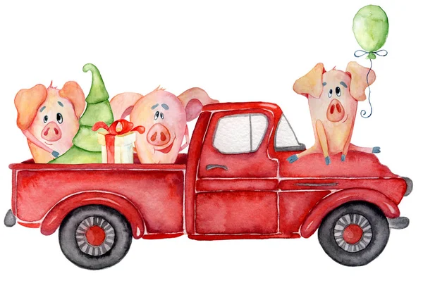 Camion rosso di Natale con maiali e pino Anno nuovo acquerello illustrazione — Foto Stock
