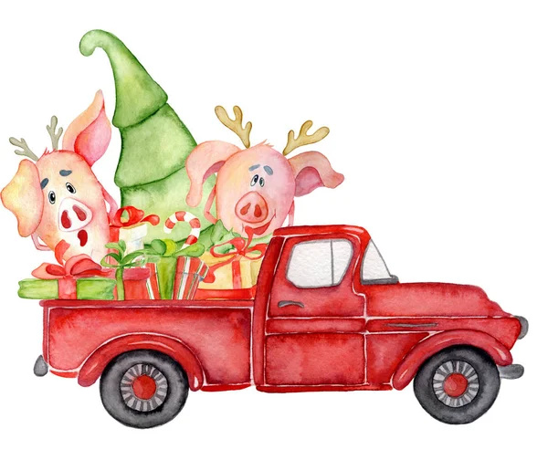 Camion de Noël rouge avec des porcs et des cadeaux Illustration aquarelle nouvelle année — Photo