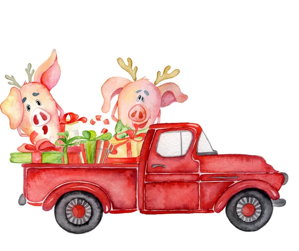 Rode Kerst Vrachtwagen Met Varkens Giften Nieuwjaar Hand Getekende Aquarel — Stockfoto