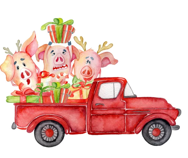 Camion rosso di Natale con maiali e regali Anno nuovo acquerello illustrazione — Foto Stock