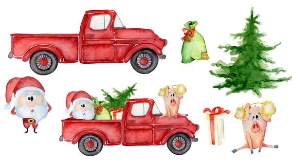 Red Christmas truck Schepper met varken, santa en geschenken Nieuwjaar aquarel illustratie — Stockfoto