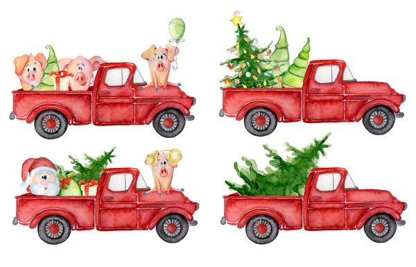 Camión rojo de Navidad con cerdo, santa y pinos Nuevo año acuarela ilustración — Foto de Stock