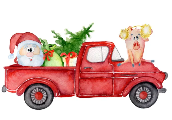 Красный Рождественский грузовик со свиньей, Санта и подарки Новый год акварелью иллюстрации — стоковое фото