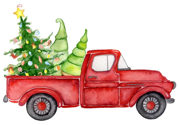 Red Christmas truck met pine bomen Nieuwjaar aquarel illustratie — Stockfoto