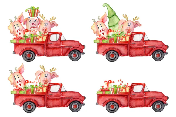 Červené vánoční kamion s prasaty, pinií dary nový rok akvarel ilustrace — Stock fotografie