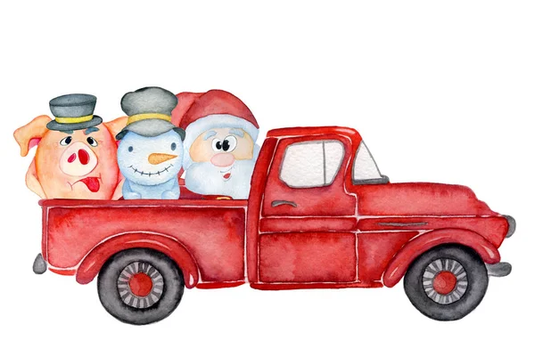 Roter Weihnachts-LKW mit Schwein, Weihnachtsmann und Schneemann Neujahr Aquarell-Illustration — Stockfoto