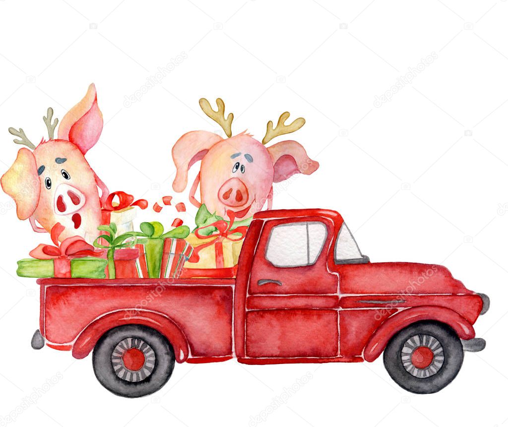 Red Christmas truck with pigs and gifts New year hand drawn watercolor illustration