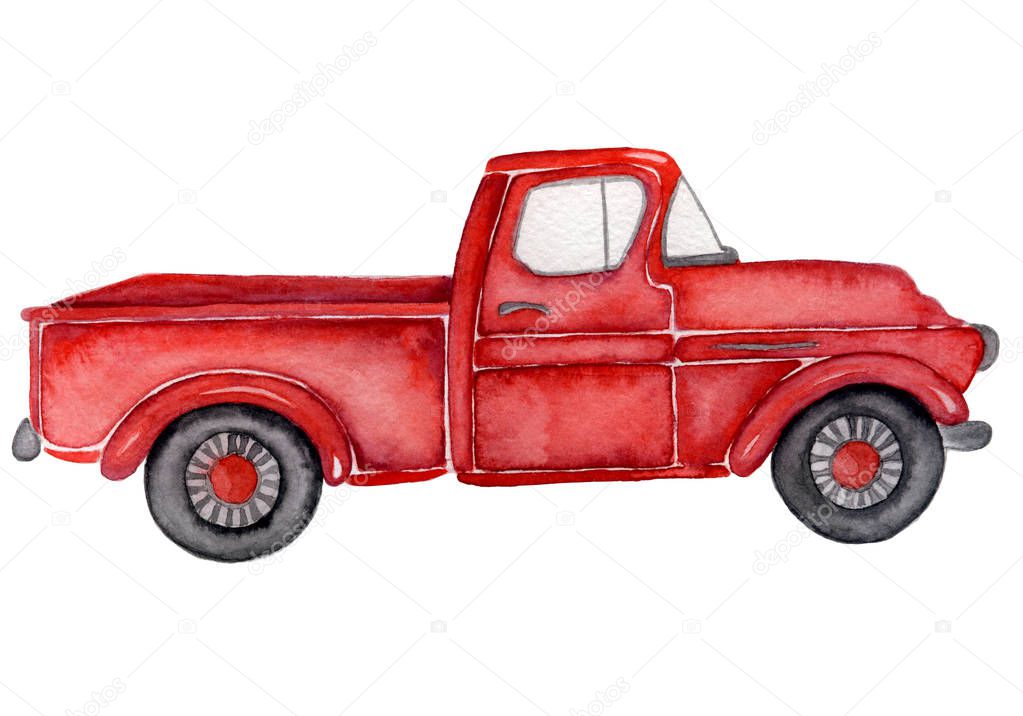 Red truck watercolor illustration