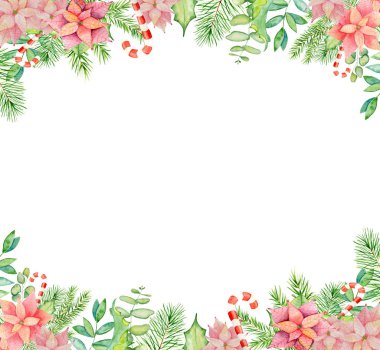 Neşeli Noel suluboya çerçevelemek ile çiçek kış başlangıç. Mutlu yeni yıl kartı, posterler. 