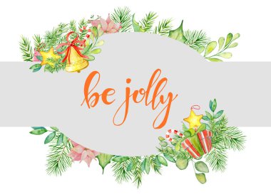Çiçek kış elemanları ile neşeli Noel suluboya kartı. Alıntı yazı neşeli olmak