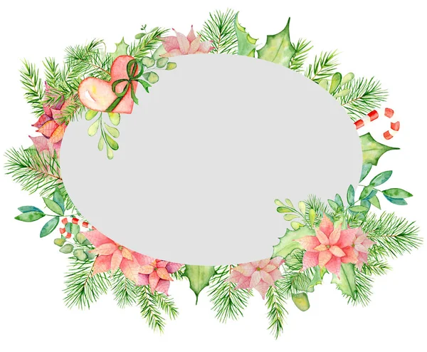 圣诞快乐的水彩框架与花卉冬季元素。新年快乐贺卡, 海报. — 图库照片