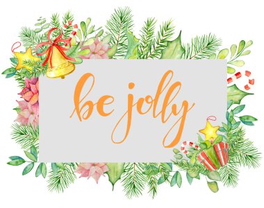Çiçek kış elemanları ile neşeli Noel suluboya kartı. Alıntı yazı neşeli olmak