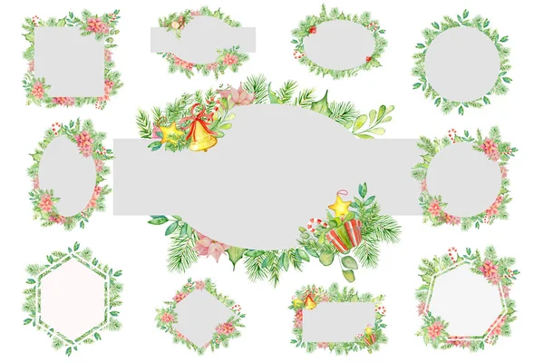 Merry Christmas akvarell ram med blommig vintern element. Gott nytt år kort, affischer. — Stockfoto