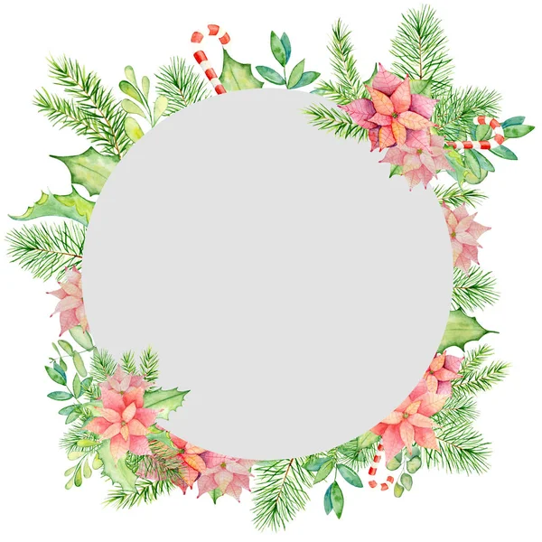 Merry Christmas watercolor frame with floral winter elements. Happy New Year card, posters. — Stock Photo, Image