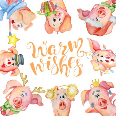Neşeli Noel suluboya kağıdı ile şirin komik domuzlar ve alıntı sıcak dilek yazı elle çizilmiş