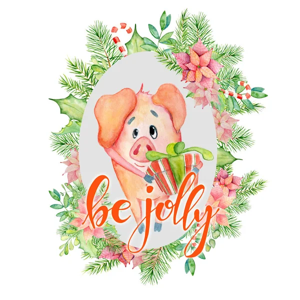 Vidám karácsony akvarell kártya aranyos vicces disznó Virág Koszorú és idézet betűkkel kell jolly — Stock Fotó