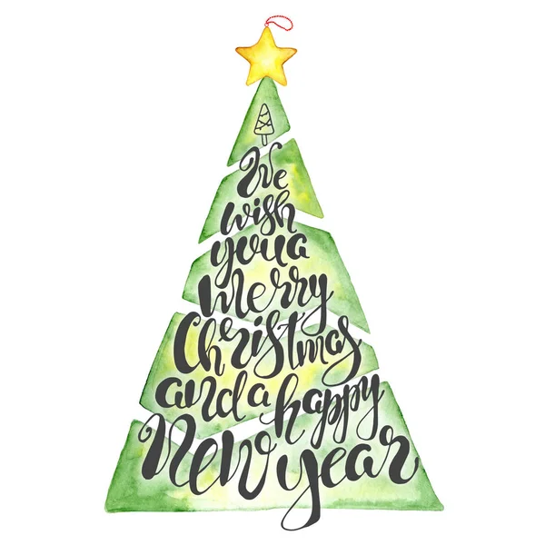 Vrolijk aquarel Kerstkaart met pine tree en belettering citaat. — Stockfoto