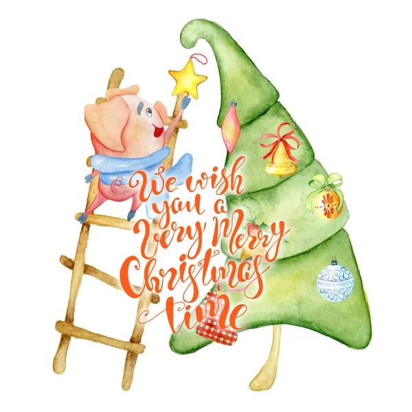 Vidám karácsony akvarell kártya aranyos vicces sertés, fenyő idézettel betűkkel — Stock Fotó