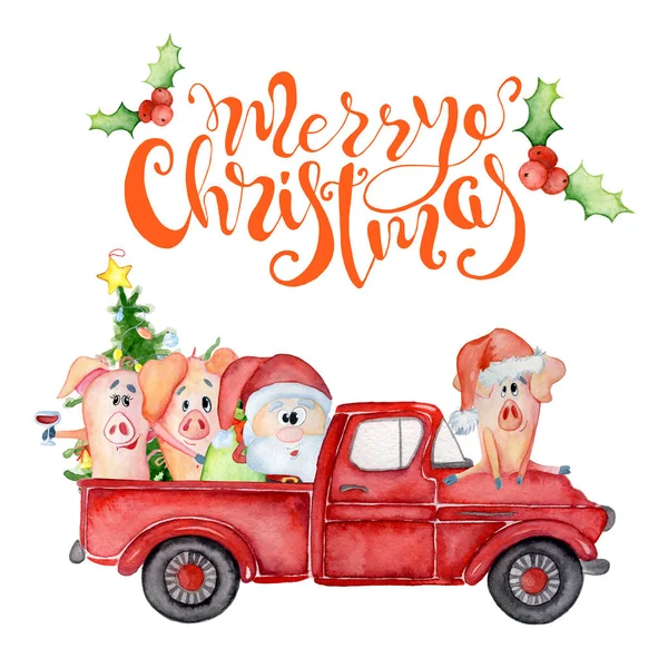 Feliz Natal cartão aquarela com caminhão vermelho, porcos e Papai Noel. Citação de letras desenhada à mão — Fotografia de Stock
