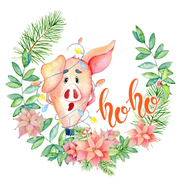 Buon Natale carta acquerello con simpatico maiale divertente in ghirlanda ramo di pino e citazione lettering Ho Ho — Foto Stock