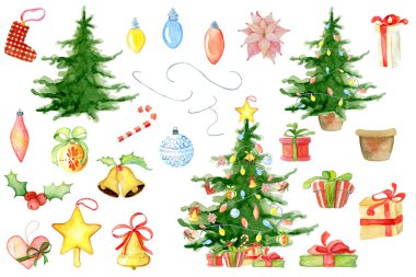Neşeli Noel suluboya çiçek kış öğeleri. Mutlu yeni yıl kartı, posterler. Çiçekler, çam ağacı, hediyeler ve oyuncaklar, çam dalları ve ökseotu şube