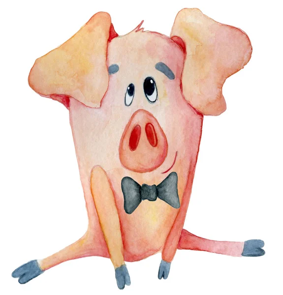 Carino divertente maiale con cravatta simbolo cinese nuovo anno acquerello illustrazione — Foto Stock