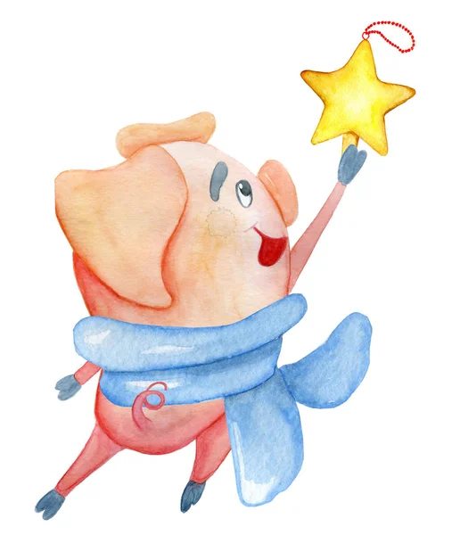 Porco de Natal bonito com estrela Watercolor ilustração — Fotografia de Stock