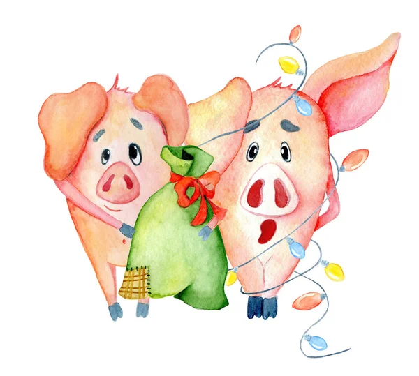 Carino maiale di Natale con sacchetto regalo e ghirlanda Illustrazione acquerello — Foto Stock