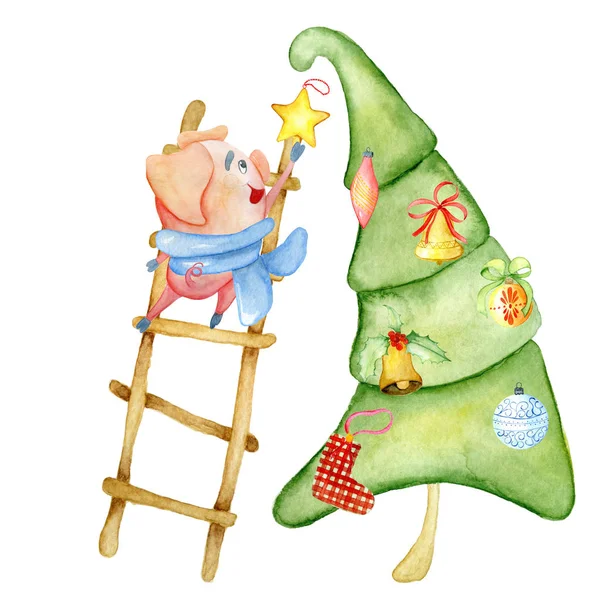 Carino piggy decorare albero di Natale acquerello illustrazione — Foto Stock