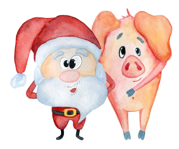 Mignon Père Noël avec illustration drôle d'aquarelle de cochon — Photo
